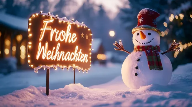 Weihnachtlicher Schneemann mit beleuchteter Frohe-Weihnachten-Tafel