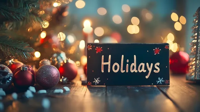 Weihnachtliches Bokeh-Foto mit Feiertagsschild