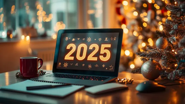 Weihnachtliches Bürobild mit 2025-Laptop und Dekorationen