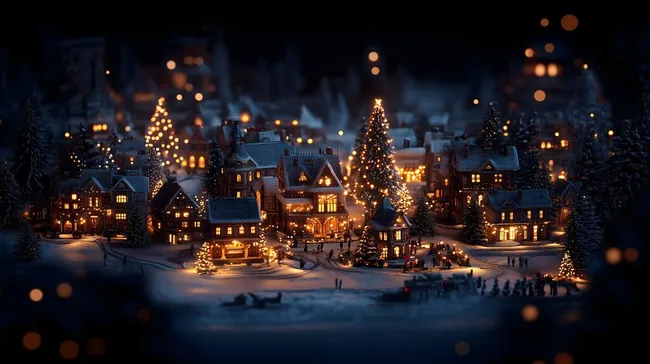 Weihnachtliches Dorfpanorama bei Nacht mit festlichen Beleuchtungen