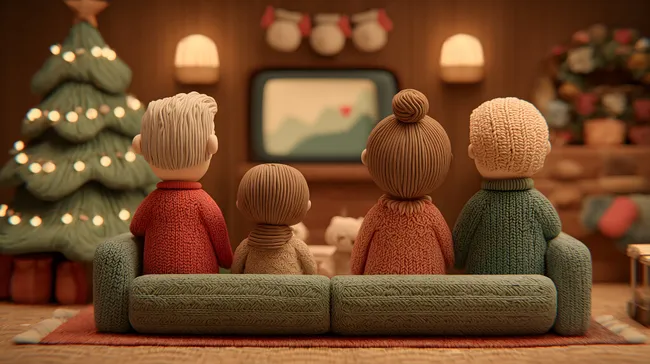 Weihnachtliches Familienporträt mit Knetfiguren vor Fernseher