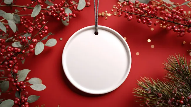 Weihnachtliches Keramikornament auf rotem Hintergrund