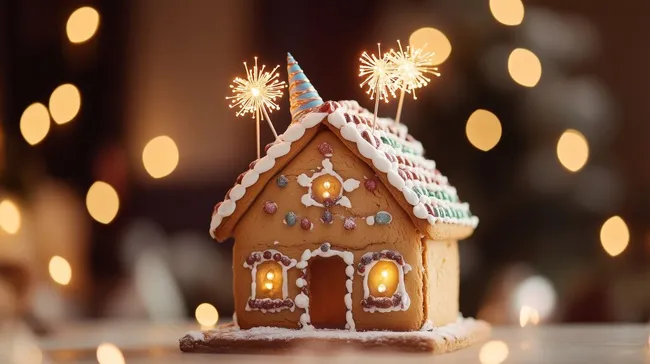 Weihnachtliches Lebkuchenhaus mit Feuerwerk