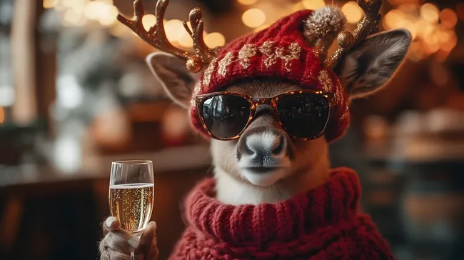 Weihnachtliches Rentier mit Champagnerkelch und Sonnenbrille