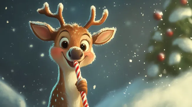 Weihnachtliches Rentier mit Zuckerstange im Schnee