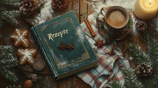 Weihnachtliches Rezeptbuch mit heißem Tee und Gewürzen