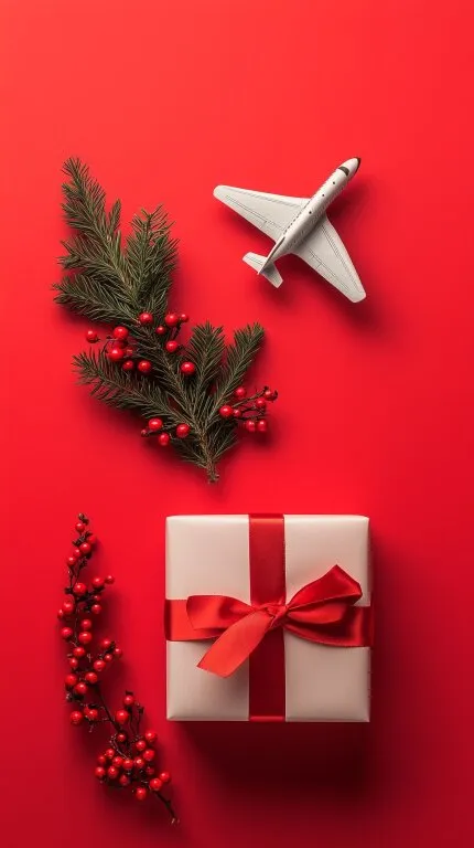 Weihnachtliches Stillleben mit Geschenk und Flugzeug