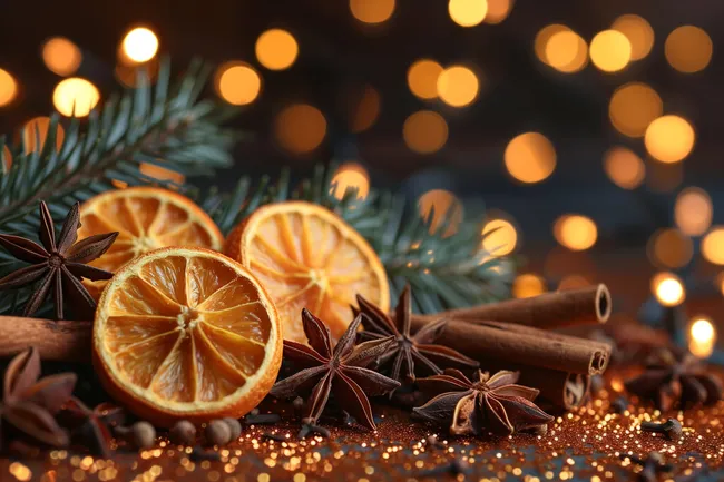 Weihnachtliches Stillleben mit Orangen und Gewürzen