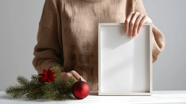 Weihnachtliches Stillleben mit weißem Bilderrahmen