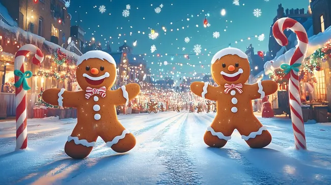 Weihnachtliches Straßenbild mit Lebkuchenmann-Dekorationen