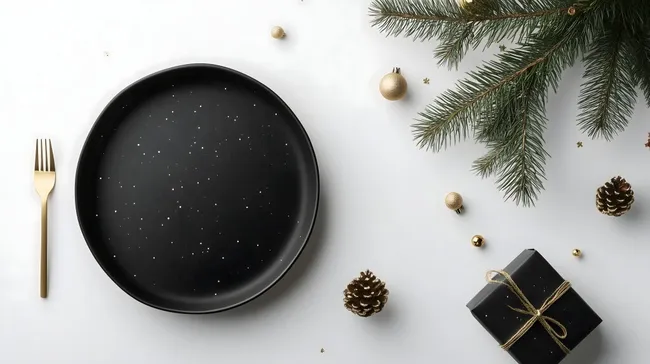 Weihnachtliches Tischdekor mit schwarzem Teller und goldenen Akzenten