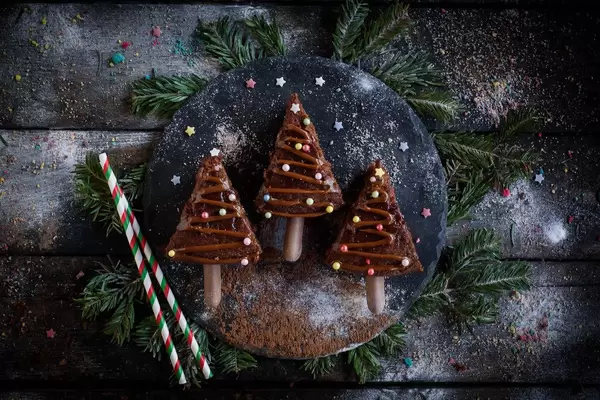 Weihnachts Schokoladenkuchen auf schwarzem Schieferteller mit grünen Tannenzweigen