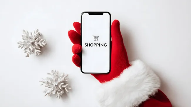 Weihnachts-Shopping mit Smartphone in Rot-Weiß