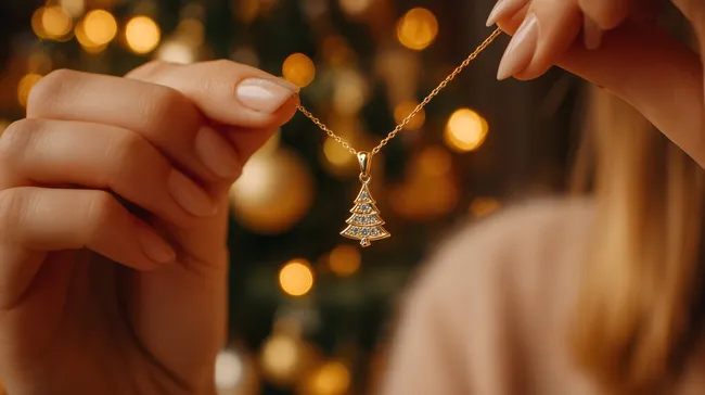 Weihnachtsanhänger in Tannenbaum-Form an Goldenem Schmuckkettchen