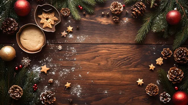 Weihnachtsbäckerei mit Plätzchen und Tannenzweigen