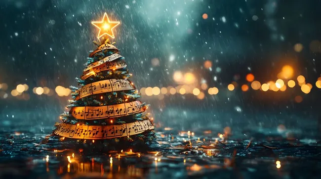 Weihnachtsbaum aus Musiknoten im verschneiten Winterwald