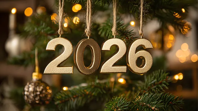 Weihnachtsbaum-Dekoration mit goldfarbenen Zahlen 2026
