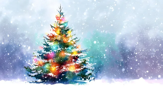 Weihnachtsbaum im Schneefall mit bunten Lichtern