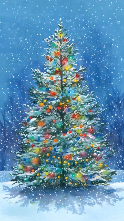 Weihnachtsbaum mit bunten Lichtern und Schneeflocken