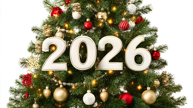 Weihnachtsbaum mit Christbaumkugeln und Jahreszahl 2026