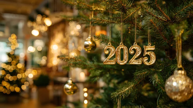 Weihnachtsbaum mit goldenem Schriftzug 2025