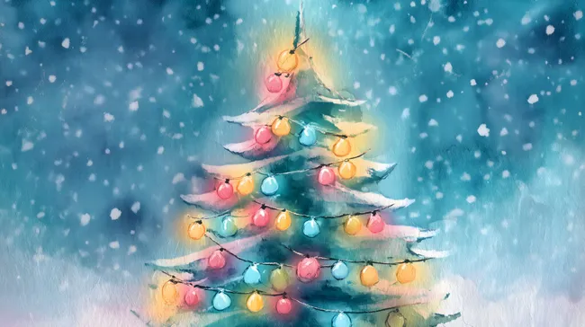 Weihnachtsbaum mit Lichterkette im Schneetreiben