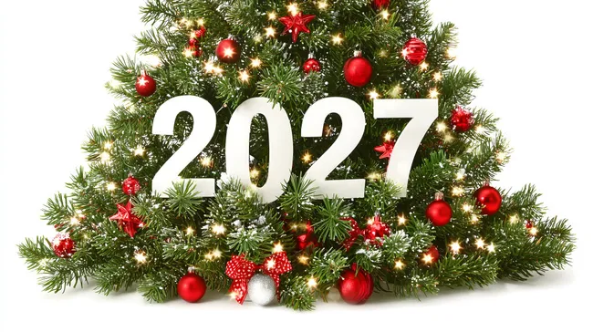 Weihnachtsbaum mit Zahlen 2027 und roten Christbaumkugeln