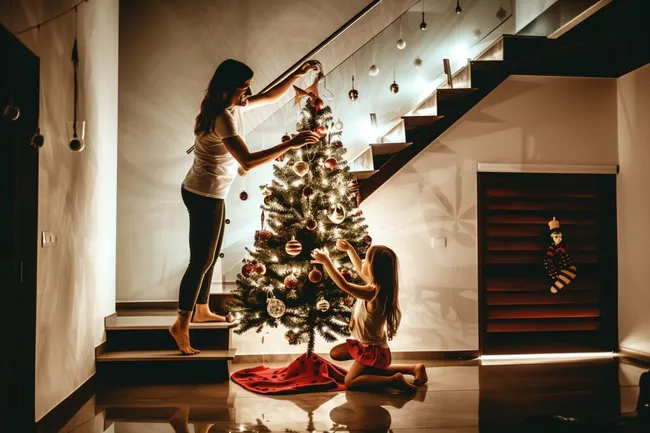 Weihnachtsbaum schmücken mit Mutter und Tochter