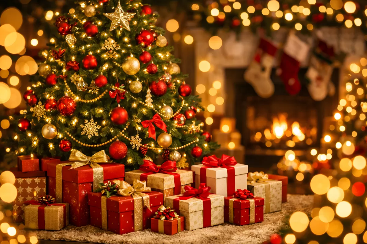 Weihnachtsbaum und Geschenke in festlicher Beleuchtung