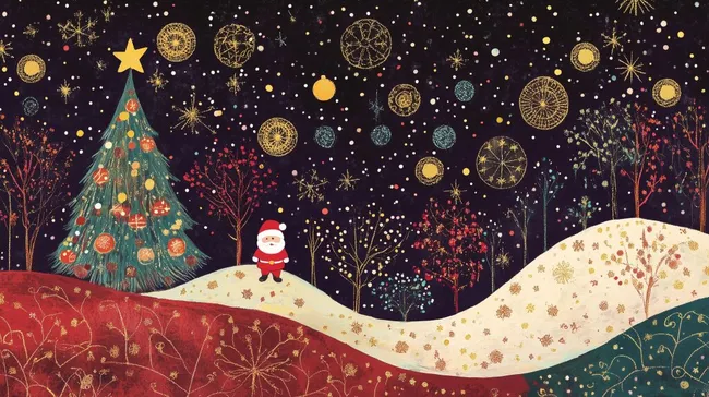 Weihnachtsbaum und Weihnachtsmann in verschneiter Winterlandschaft