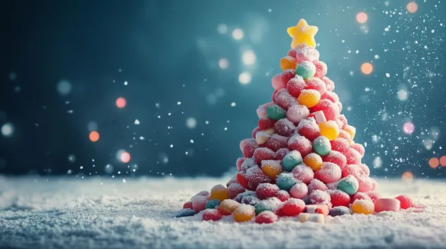 Weihnachtsbaumförmiger Süßigkeitenturm auf Schneehintergrund