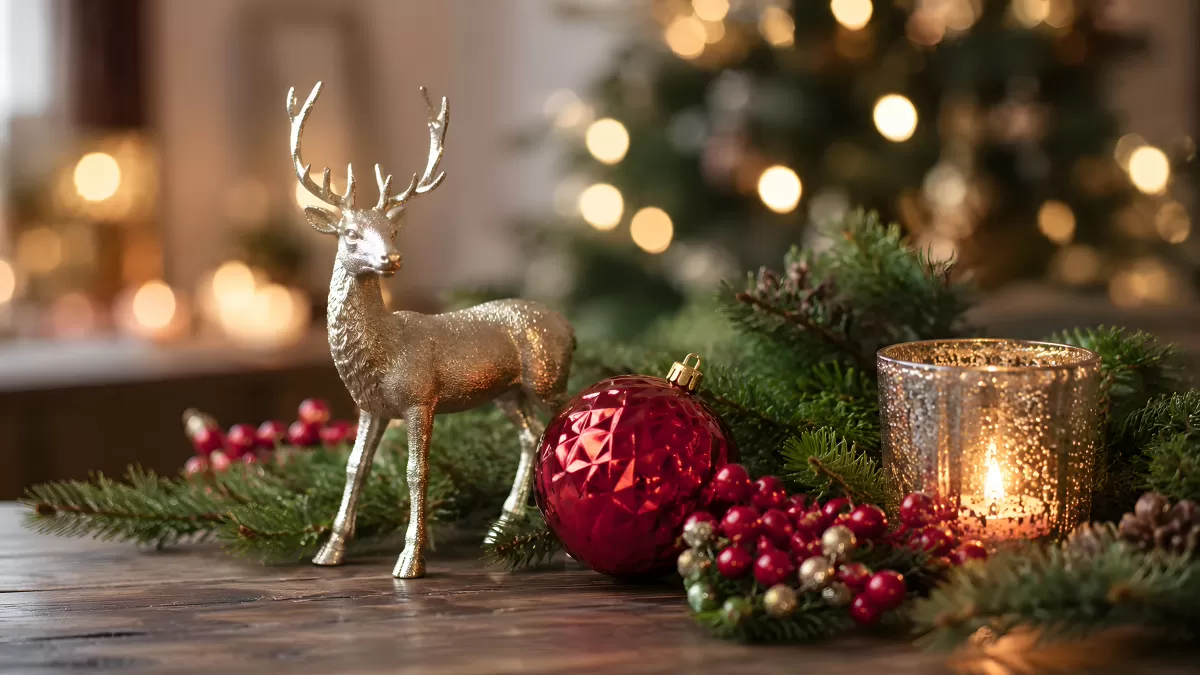 Weihnachtsdeko mit goldenem Hirsch und roter Kugel