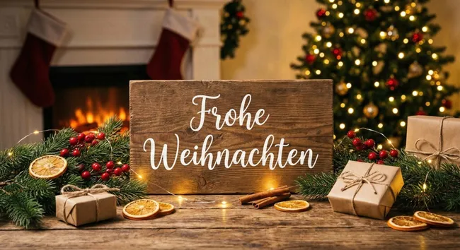 Weihnachtsdeko mit Holzschild und Lichterkette