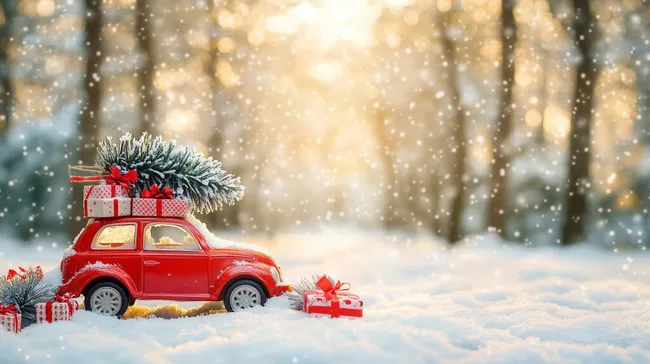 Weihnachtsdeko mit rotem Spielzeugauto und Geschenken im Schnee