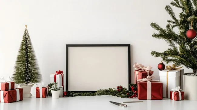 Weihnachtsdekoration mit Geschenkboxen und Tannenzweigen