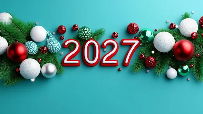 Weihnachtsdekoration mit Kugeln und Tannenzweigen für 2027 kostenlos herunterladen