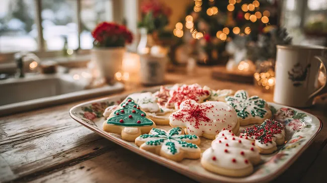 Weihnachtsgebäck auf rustikalem Holztisch mit Lichterketten