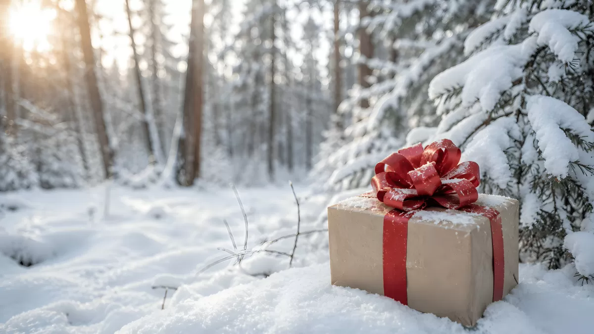 Weihnachtsgeschenk im verschneiten Winterwald