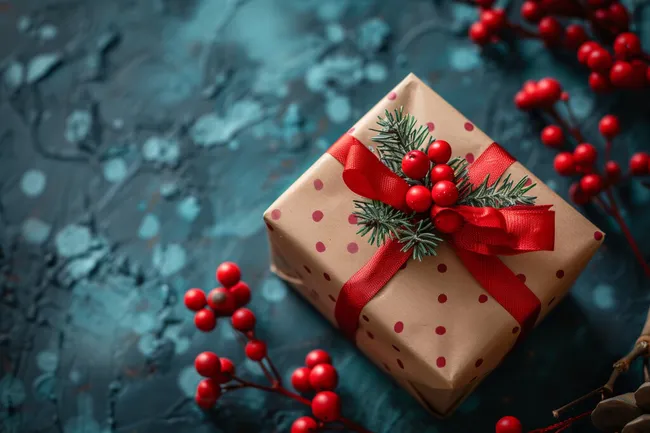 Weihnachtsgeschenk mit roten Beeren