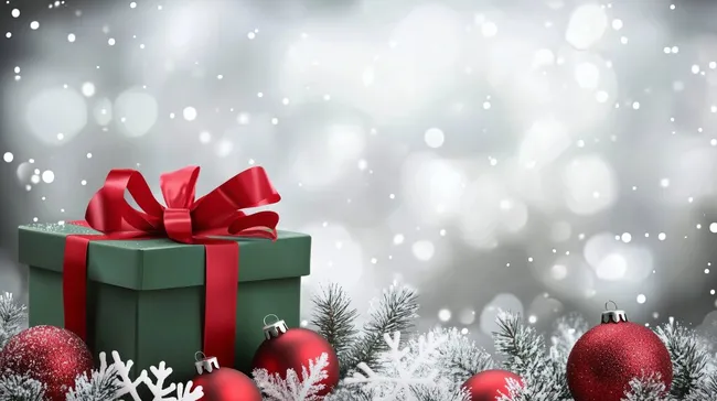 Weihnachtsgeschenk mit roter Schleife in winterlicher Umgebung