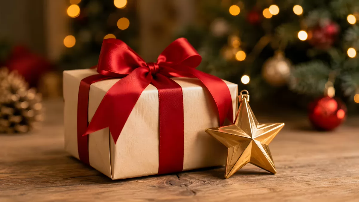 Weihnachtsgeschenk mit roter Schleife und Goldstern