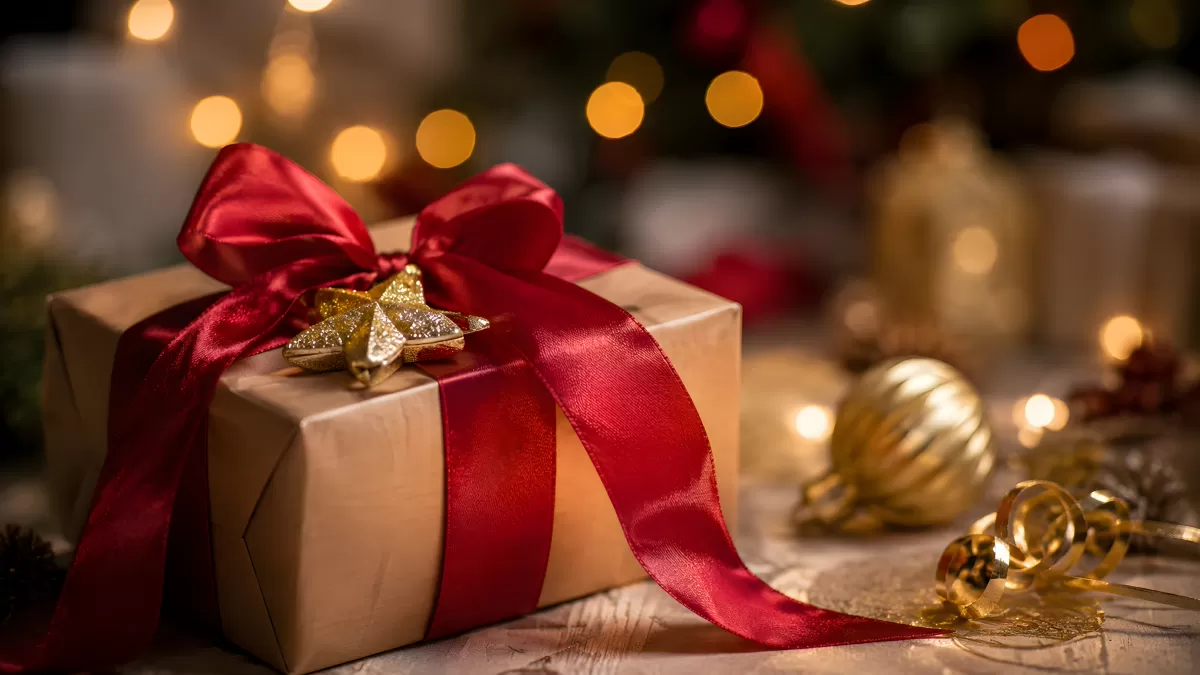 Weihnachtsgeschenk mit roter Schleife und Goldsternen