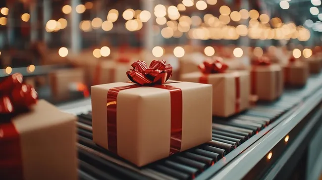 Weihnachtsgeschenke auf Förderband in Fabrik