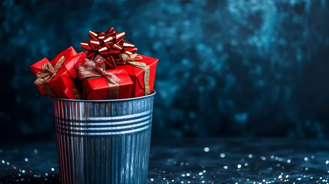 Weihnachtsgeschenke im Metalleimer - Symbol von Überfluss