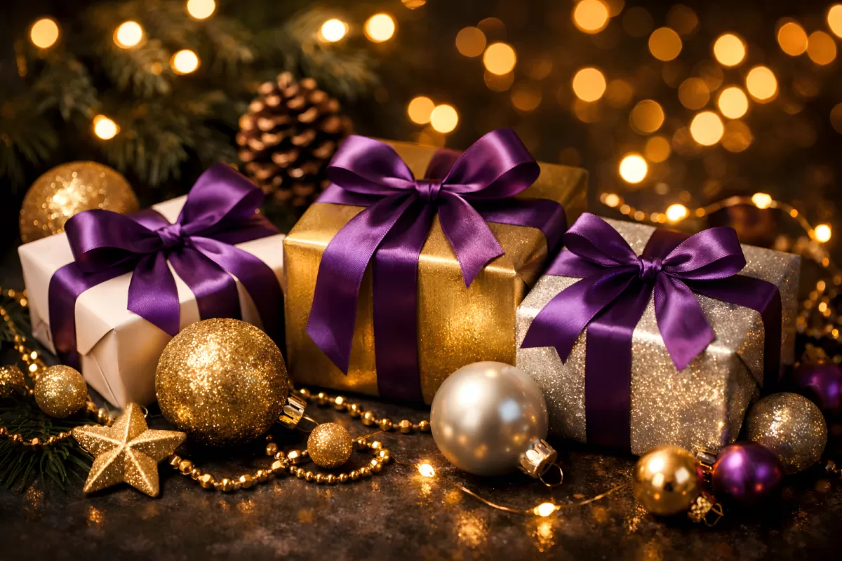 Weihnachtsgeschenke mit lila Schleifen und Goldkugeln