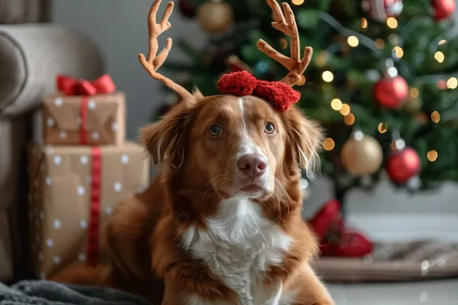 Weihnachtshund mit Rentiergeweih