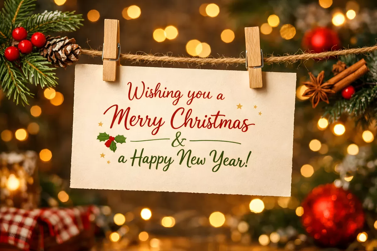 Weihnachtskarte mit Tannenzweigen und Lichterketten