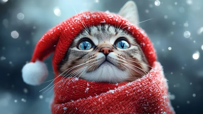 Weihnachtskatze mit rotem Schal und Mütze im Schnee