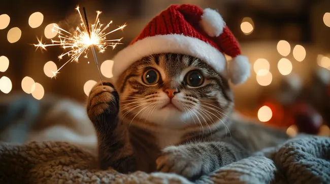 Weihnachtskatze mit Wunderkerze und roter Mütze