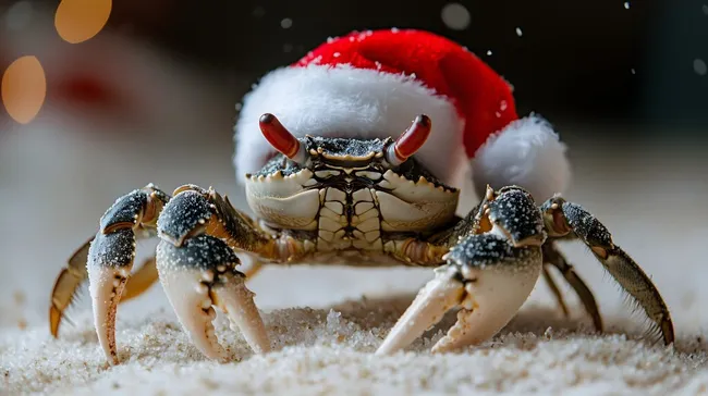 Weihnachtskrabbe mit Nikolausmütze im Schnee